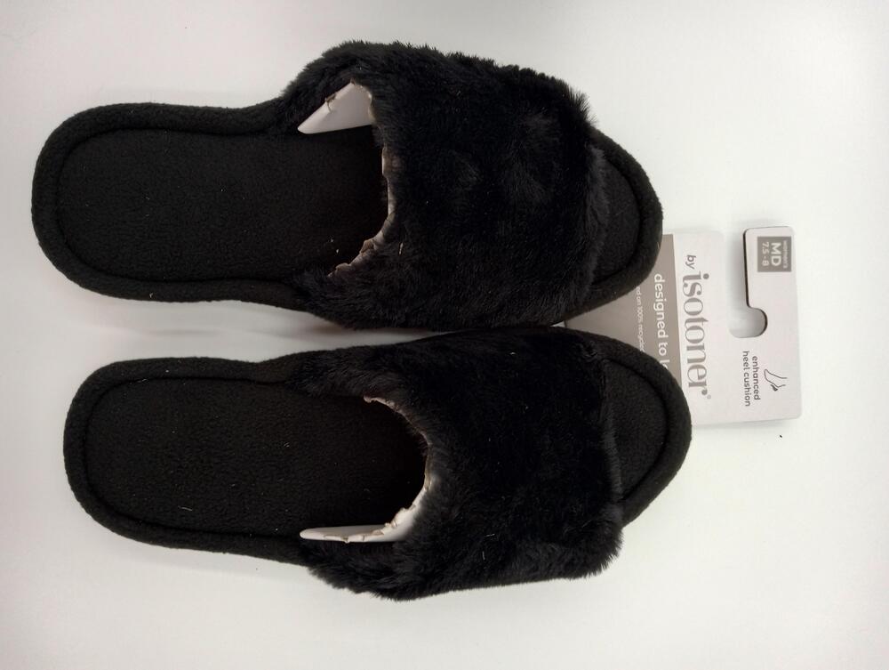 Isotoner Slippers Womens Black Fuzzy Slide Indoor Cozy House Shoes Size 7.5-8